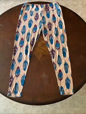 Feather Print Leggings - Blue & Cream